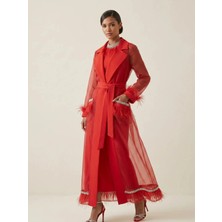 Crystalia Lüks Tüy Garnili Gece Elbisesi ve Şeffaf Organza Kaftan Seti