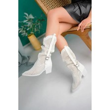 Shoegar Meria Beyaz Cilt Lazer Kesim Kovboy Topuklu Çizme