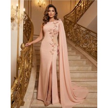 Crystalia El Işlemesi Çiçekli Cam Taşlı Pelerinli Krep Gece Elbisesi