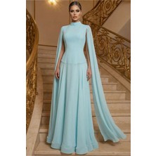 Crystalia Pelerin Kollu Dik Yaka Krep Şifon Abiye