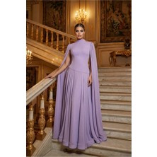 Crystalia Pelerin Kollu Dik Yaka Krep Şifon Abiye