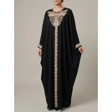 Crystalia Siyah Kelebek Nakış Detaylı Lüks Abaya & Kaftan Elbise