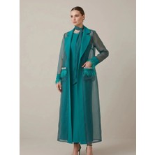 Crystalia Lüks Tüy Garnili Gece Elbisesi ve Şeffaf Organza Kaftan Seti