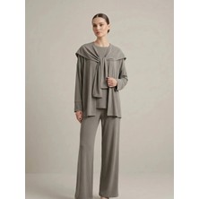 Crystalia Kadın Haki 3'lü Loungewear Takımı - Bağlama Detaylı Şal Yaka Hırka & Bol Paça Pantolon