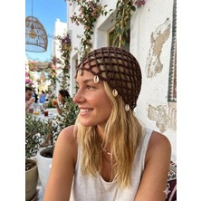 Leauder Women Denizkabuklu Kahverengi El Yapımı File Örgü Bere Şapka Bandana
