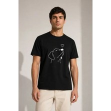 Uslucan Alışveriş Erkek Köpek Figürlü Minimal Baskılı Tişört Kısa Kol Yazlık T-Shirt - Siyah