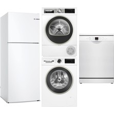Bosch 4'lü Beyaz Eşya Seti KDN55NWE0N-WGA25202TR-WQG25201TR-SMS26DW00T / Buzdolabı-Çamaşır Mak-Kurutma Mak-Bulaşık Mak