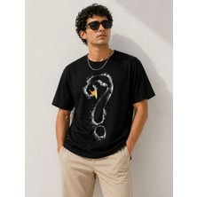 Uslucan Alışveriş Erkek Kuğu Figürlü Soru Işareti Baskılı Tişört Kısa Kol T-Shirt - Siyah