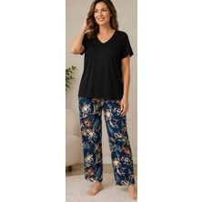 24867-NENA Kısa Kollu V Yaka % 100 Pamuk Viskon Lina Pijama Takımı
