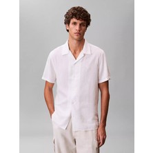 Calvin Klein Erkek Normal Kesim Ck Logo Işlemeli Kısa Kollu Keten Beyaz Gömlek LV04LF137G-YAA
