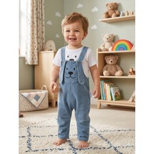 GENYBABY Erkek Bebek Jean Salopet Takım Ayıcık Desenli Beyaz Tişörtlü Bebek Kombini