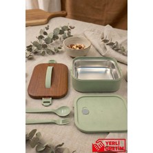 Gugga Lunchee - Düz Çelik Kaseli Sızdırmaz Ahşap Görünümlü Vakum Kapaklı Yemek Kabı Lunchbox 650 ml