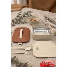 Gugga Lunchee - Düz Çelik Kaseli Sızdırmaz Ahşap Görünümlü Vakum Kapaklı Yemek Kabı Lunchbox 650 ml