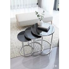 Eryalux Home 3'lü Gümüş Metal Düz Camlı Modern Sehpa