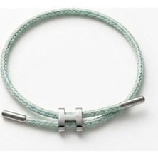 Celikchi Unisex H Model Silver Renk Çelik Detay Su Yeşili Ip Bileklik