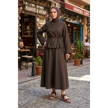 Modestim Kadın Kahve Tesettür Takım Kuşaklı Ikili Takım Uzun Etekli Şık Kombin Günlük Özel Gün Ikili Takımı