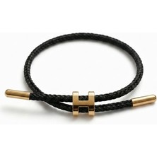 Celikchi Unisex H Model Gold Renk Çelik Detay Siyah Ip Bileklik
