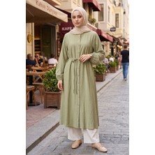 Modestim Kadın Tesettür Uzun Tunik Hakim Yaka Boydan Düğmeli Belden Bağlamalı Rahat Kalıp Günlük Şık 120 cm Uzun Tesettür Tunik
