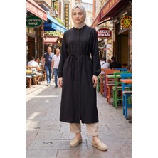 Modestim Kadın Tesettür Uzun Tunik Hakim Yaka Boydan Düğmeli Belden Bağlamalı Rahat Kalıp Günlük Şık 120 cm Uzun Tesettür Tunik