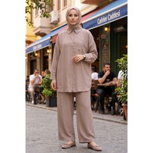 Modestim Kadın Vizon Ikili Tesettür Takım Oversize Gömlek Pantolon Rahat Kalıp Yazlık Şık Günlük Tesettür Kombin