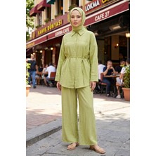 Modestim Kadın Yağ Yeşili Tesettür Ikili Takım Gömlek Pantolon Takım Yazlık Rahat Kesim Oversize Günlük Kombin