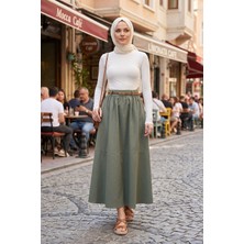Modestim Kadın Haki Bel Kemerli Tesettür Etek Mevsimlik Rahat Kalıp Şık Trend Uzun Tesettür Etek