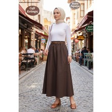 Modestim Kadın Kahve Bel Kemerli Tesettür Etek Mevsimlik Rahat Kalıp Şık Trend Uzun Tesettür Etek