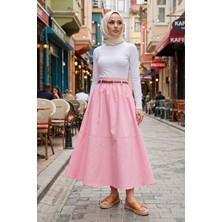 Modestim Kadın Pembe Bel Kemerli Tesettür Etek Mevsimlik Rahat Kalıp Şık Trend Uzun Tesettür Etek