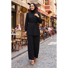 Modestim Kadın Siyah Önden Birit Düğmeli Kuşaklı Tesettür Ikili Takım Tesettür Tunik Pantolon Kombin Takım