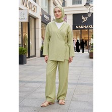Modestim Kadın Yağ Yeşili Yandan Bağlamalı Çilek Kumaş Kimono Tunik Pantolon Takım Kombin