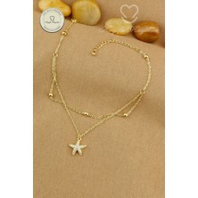 Keyifli Hayaller 316L Çelik Halhal - 14K Taşlı Deniz Yıldızı Dorika Birleşik Zincir Çelik Halhal 22+4cm