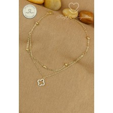 Keyifli Hayaller 316L Çelik Halhal - 14K Taşlı Açık Yonca Dorika Birleşik Zincir Çelik Halhal 22+4cm
