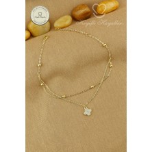 Keyifli Hayaller 316L Çelik Halhal - 14K Taşlı Yonca Dorika Birleşik Zincir Çelik Halhal 22+4cm