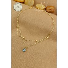 Keyifli Hayaller 316L Çelik Halhal - 14K Renkli Taşlı Damla Dorika Birleşik Zincir Çelik Halhal 22+4cm