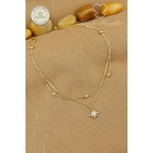 Keyifli Hayaller 316L Çelik Halhal - 14K Taşlı Kuzey Yıldızı Dorika Birleşik Zincir Çelik Halhal 22+4cm