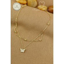 Keyifli Hayaller 316L Çelik Halhal - 14K Taşlı Kelebek Dorika Birleşik Zincir Çelik Halhal 22+4cm