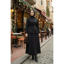 Modestim Kadın Çapraz Düğme Tesettür Ikili Takım Kuşaklı Tunik Uzun Etek Takım Günlük ve Şık Kombin Siyah