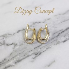 Dizay Concept Zirkon Taşlı Altın Kaplama Kıvrımlı Küpe Modern Çift Hatlı Tasarım-Dz-1