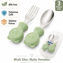 Jojobebek Yeşil Renk Ayıcık Figürlü Premium Çocuk BPA Free Silikon Sap Paslanmaz Çelik Uçlu Çatal-Kaşık Set ve Saklama Kutusu 9+ Ay