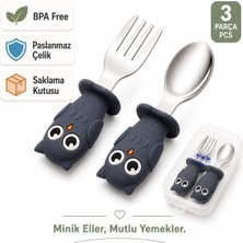 Jojobebek  Baykuş Figürlü Premium Çocuk Bpa Free Silikon Sap Paslanmaz Çelik Uçlu Çatal-Kaşık Set 9+ Ay (Lacivert Renk)