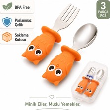 Turuncu Baykuş Figürlü Premium Çocuk Bpa Free Silikon Sap Paslanmaz Çelik Uçlu Çatal-Kaşık Set 9+ Ay