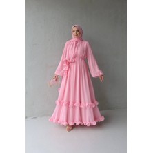 By Esma Eser Fırfırlı Şifon Elbise - Pembe (Şal Dahil)