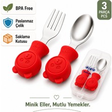 Jojobebek Kırmızı Renk Ayıcık Figürlü Premium Çocuk BPA Free Silikon Sap Paslanmaz Çelik Uçlu Çatal-Kaşık Set ve Saklama Kutusu 9+ Ay