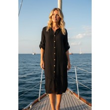 Hale Shop Müslin Kumaş Gömlek Elbise - Siyah