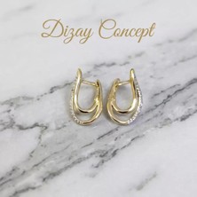 Dizay Concept Zirkon Taşlı Altın Kaplama Kıvrımlı Küpe Modern Çift Hatlı Tasarım-Dz-4