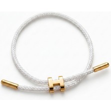 Celikchi Unisex H Model Gold Renk Çelik Detay Beyaz Ip Bileklik