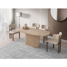 Viento Mobilya Bohem Traverten Desen Mdf Sabit 180X90 Masa Tuna 8 Adet Krem Bukle Kumaş Sandalye Masa Takımı