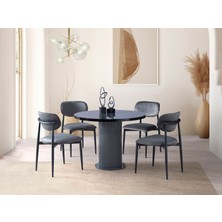Viento Mobilya Bohem Gri Highgloss Yuvarlak 104X104 Masa Liza 6 Adet Gri Babyface Kumaş Sandalye Masa Takımı