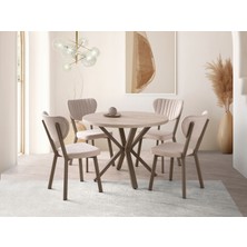 Viento Mobilya Bohem Traverten Mdf Yuvarlak 104X104 Masa Elma 4 Adet Krem Babyface Kumaş Sandalye Masa Takımı