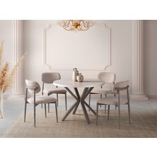 Viento Mobilya Bohem Traverten Mdf Yuvarlak 104X104 Masa Liza 6 Adet Vizon Bukle Kumaş Sandalye Masa Takımı